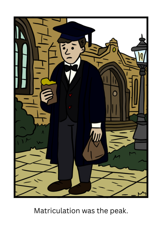 A male student standing in his traditional graduation outfit eating a sandwich and holding a takeaway bag. The text under it says "matriculation was the peak."